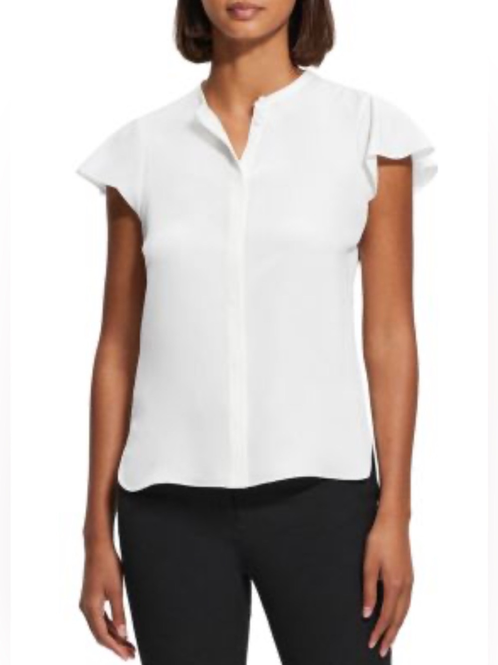Theory White Flutter Cap-Sleeve Split-Neck Blouse